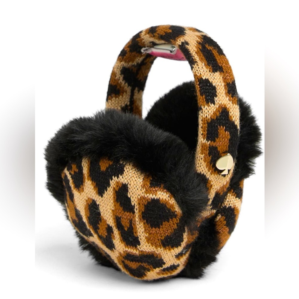NWT KATE SPADE FAUX FUR TRIM, LEOPARD KNIT EAR MUFFS. One size fits most - Picture 2 of 6